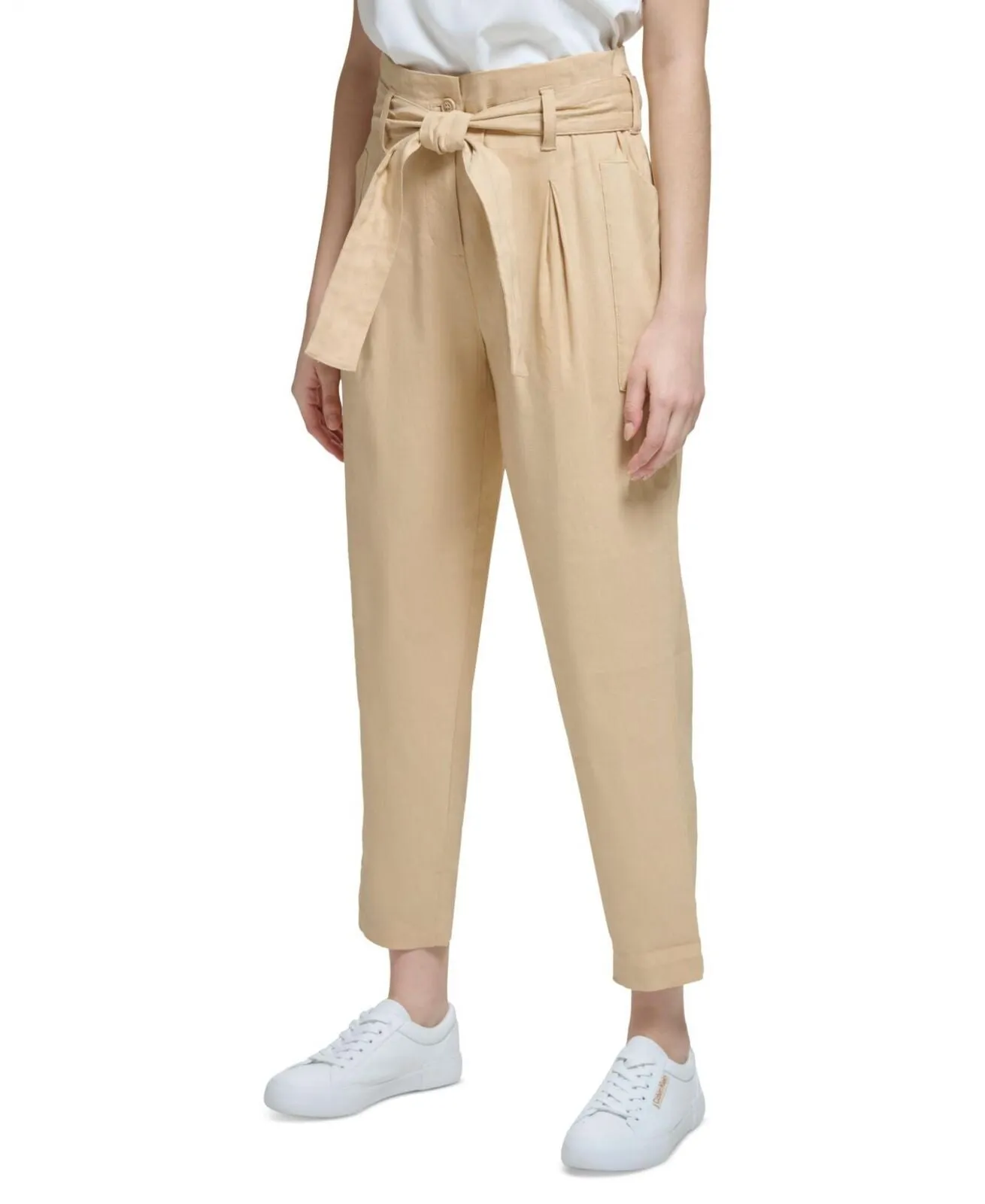 Calvin Klein Women's High-Rise Tie-Waist Pants M3DK5283 Semolina Brown 10