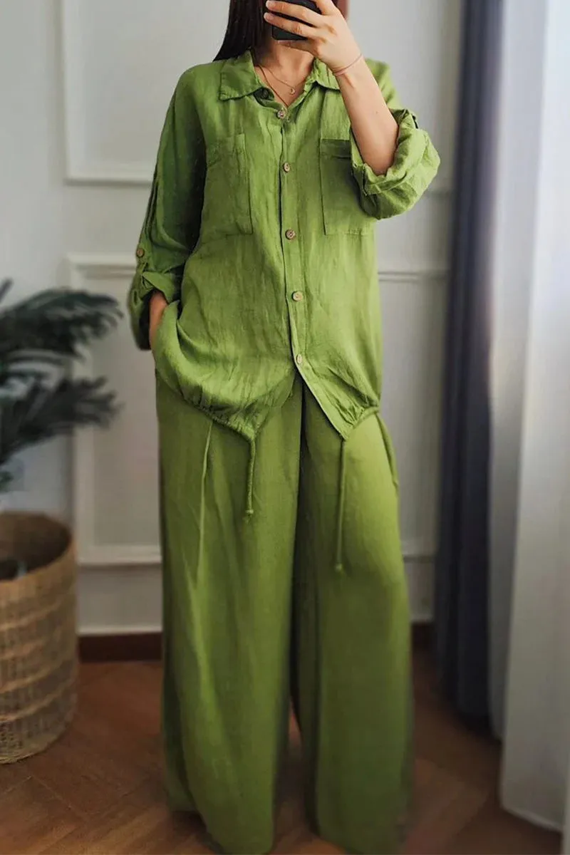 Casual Draw String Buttons Turndown Collar Long Sleeve Two Pieces(6 Colors)