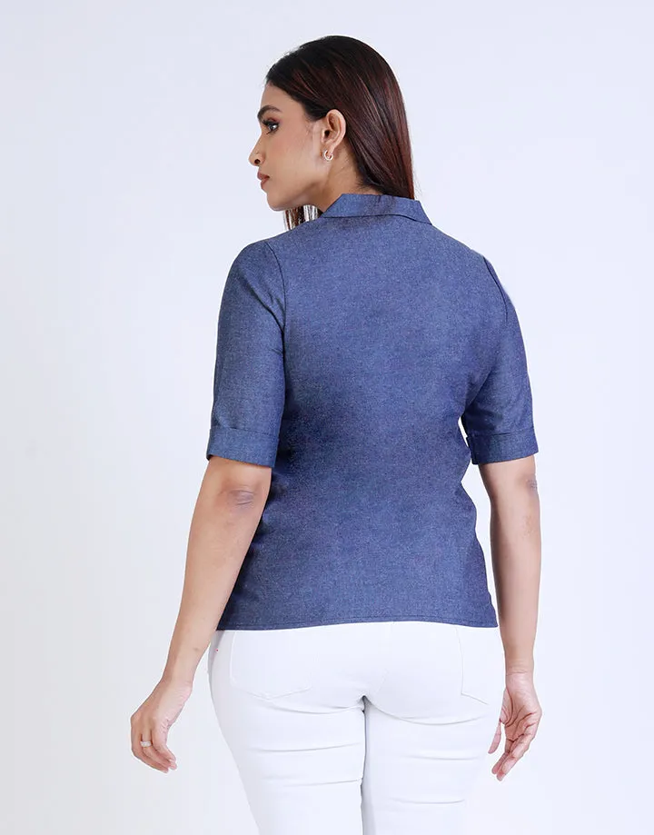 Chambray Collared Top with Embroidered