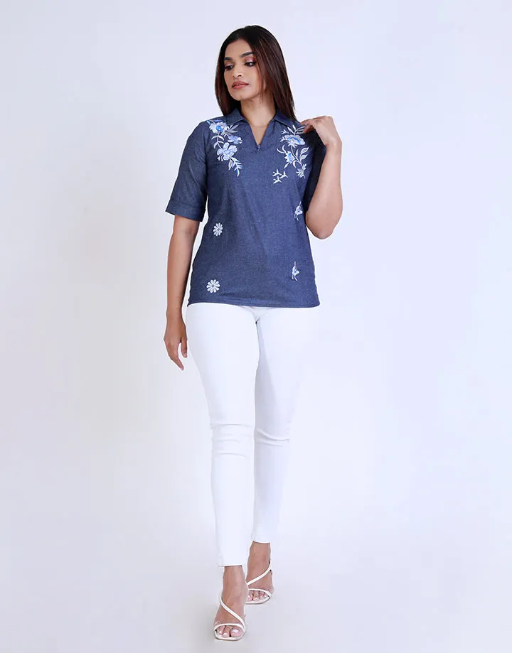 Chambray Collared Top with Embroidered