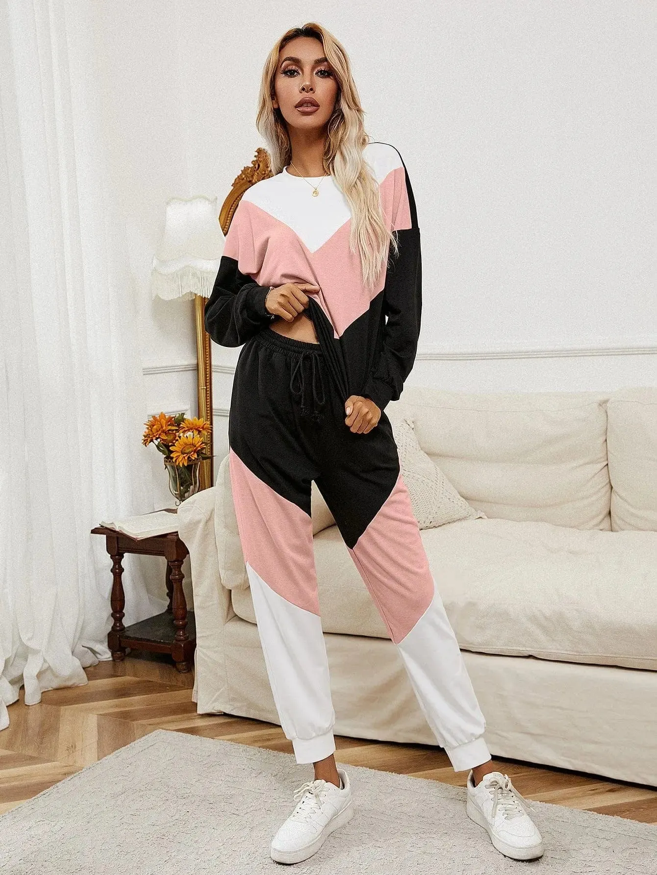 Chevron Color Block Sweatshirt and Joggers Set