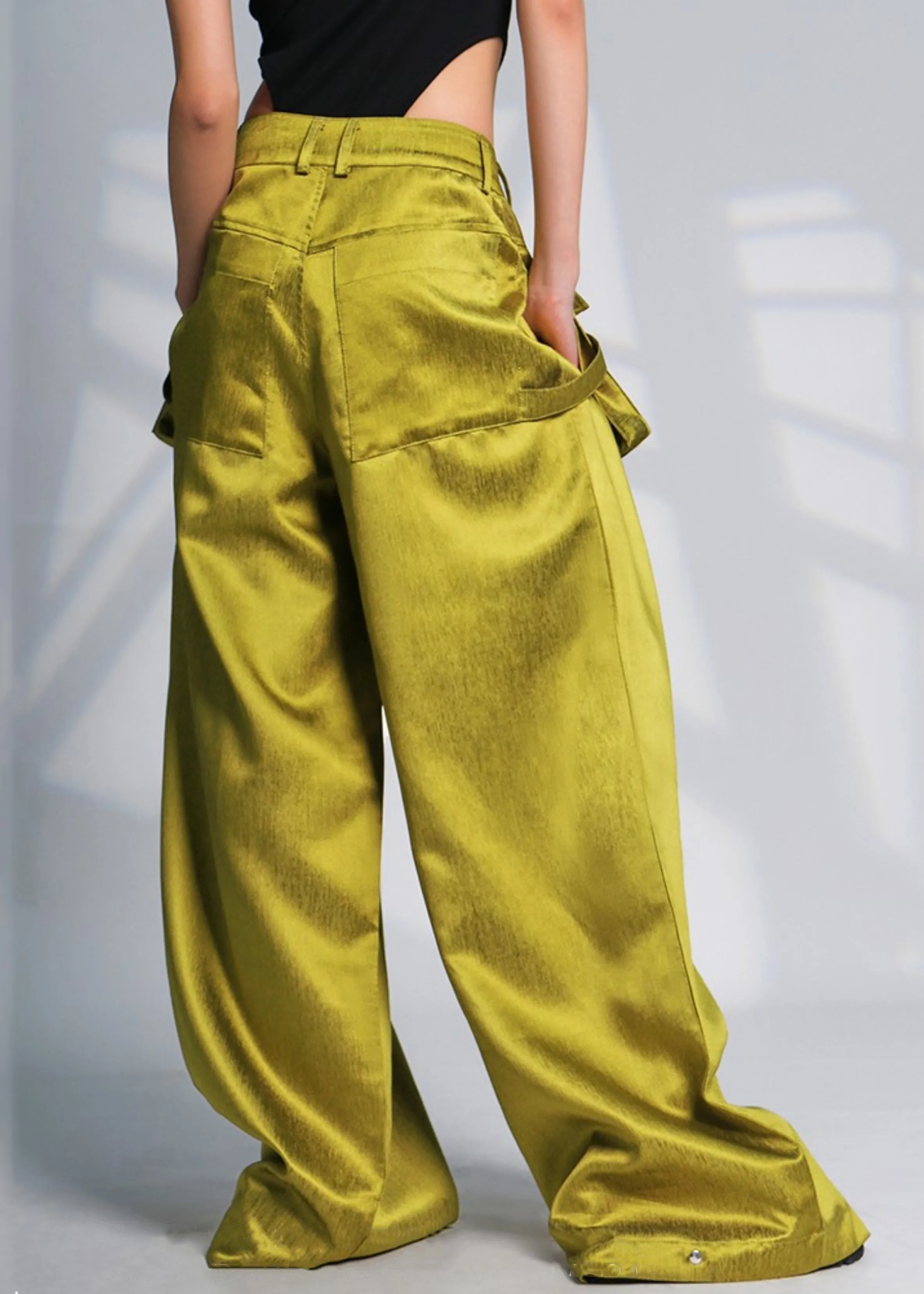 Chic Green Pockets High Waist Cotton Wide Leg Pants Spring