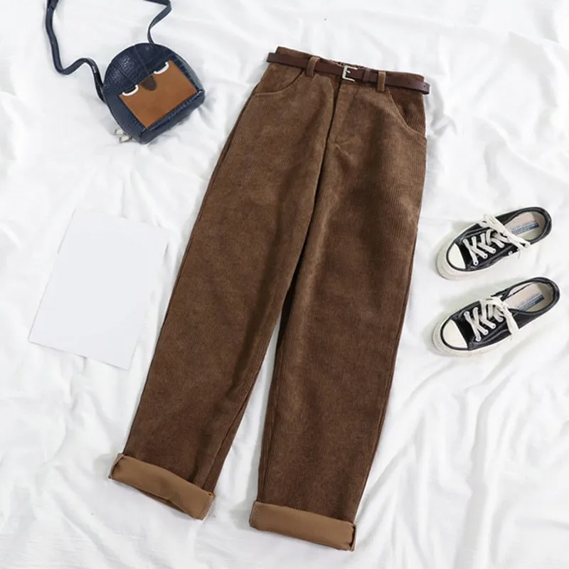 CityHottie - High Waist Wide Leg Corduroy Long Pants with Belt