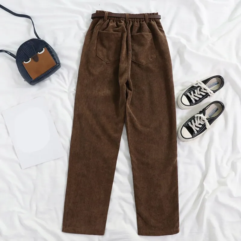 CityHottie - High Waist Wide Leg Corduroy Long Pants with Belt