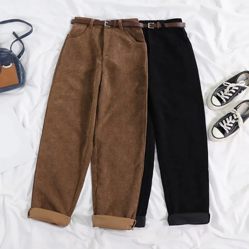 CityHottie - High Waist Wide Leg Corduroy Long Pants with Belt