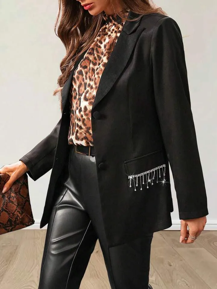 CM-CS072850 Women Casual Seoul Style Lapel Long Sleeve Sequin Tassel Design Blazer Jacket