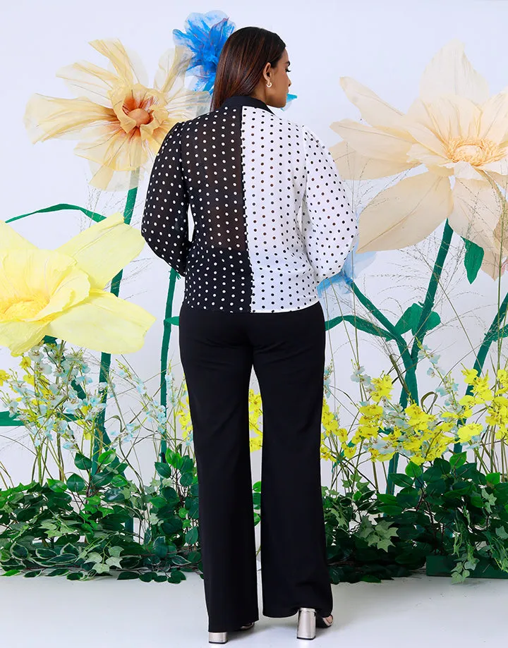 Collar Colour Block Dotted Blouse
