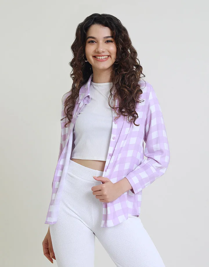 Collar Long Sleeve Checked Shirt Blouse