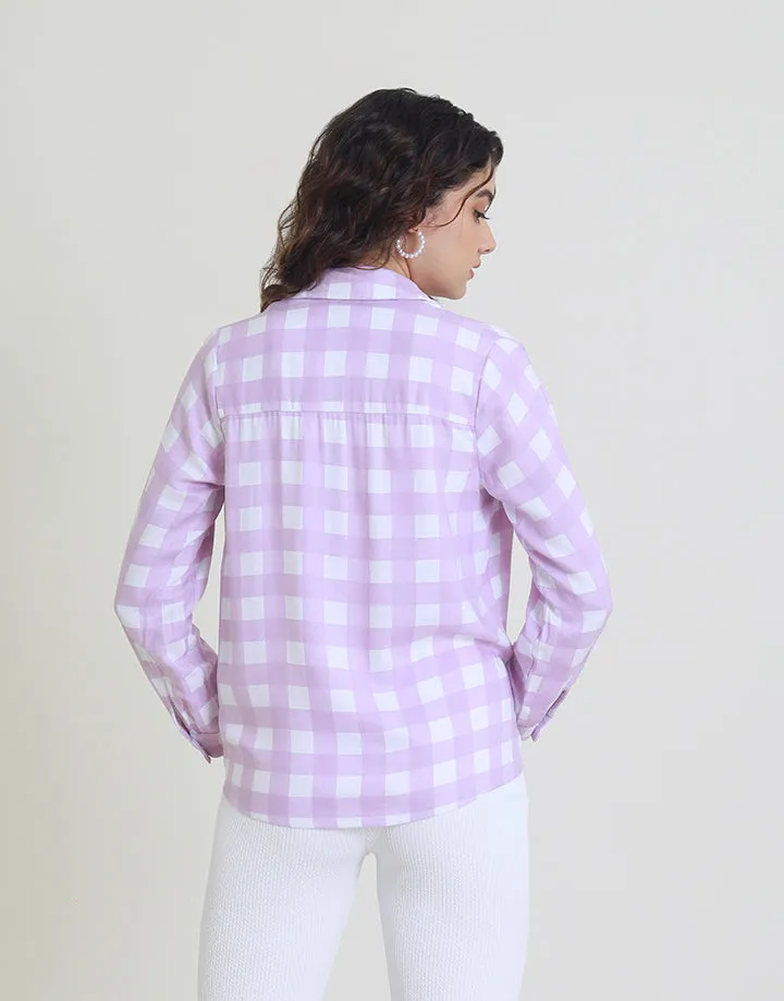 Collar Long Sleeve Checked Shirt Blouse