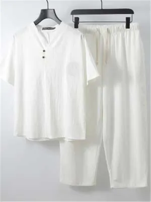 Comfy Loose Cotton Linen Print V-Neck Short-sleeved T-shirt   Cropped Pants