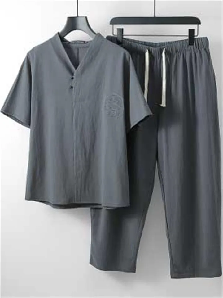 Comfy Loose Cotton Linen Print V-Neck Short-sleeved T-shirt   Cropped Pants
