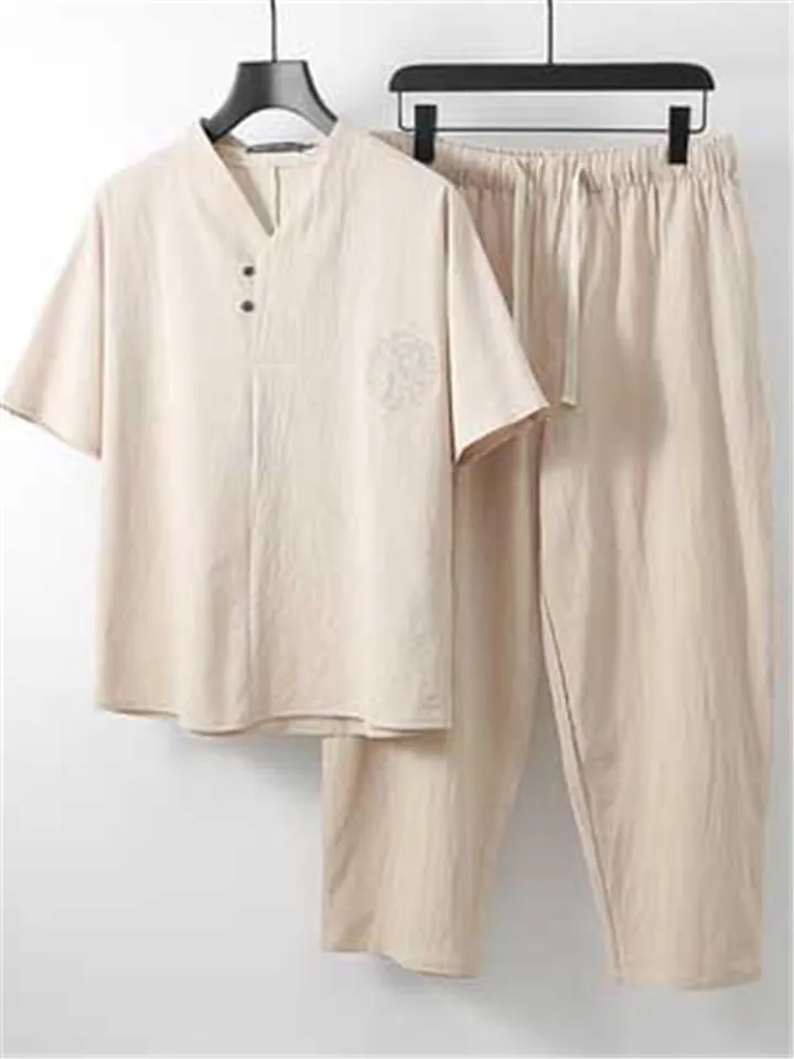 Comfy Loose Cotton Linen Print V-Neck Short-sleeved T-shirt   Cropped Pants