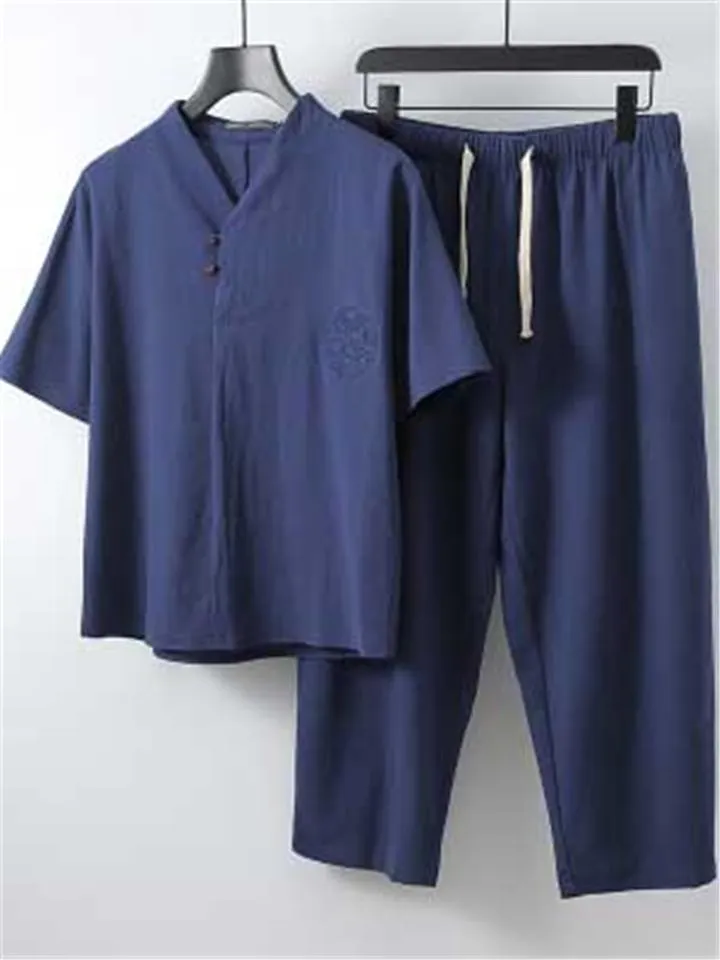 Comfy Loose Cotton Linen Print V-Neck Short-sleeved T-shirt   Cropped Pants