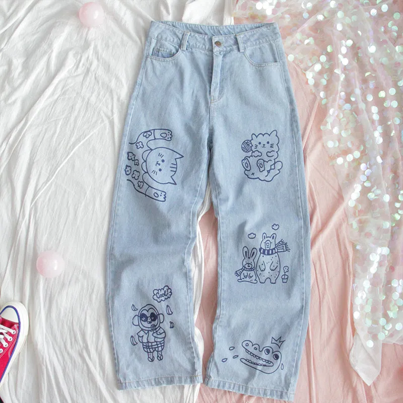 “CUTE CARTOON ANIMAL PRINT" JEANS K080301