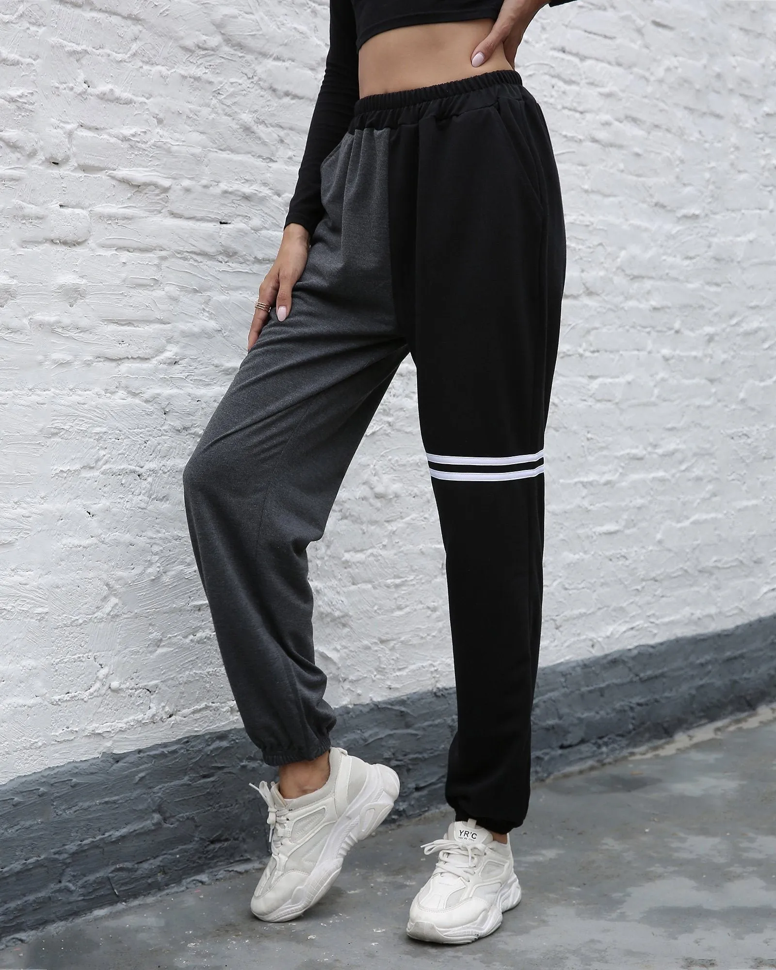 Dark Pocket Colorblock Drawstring Joggers - Black