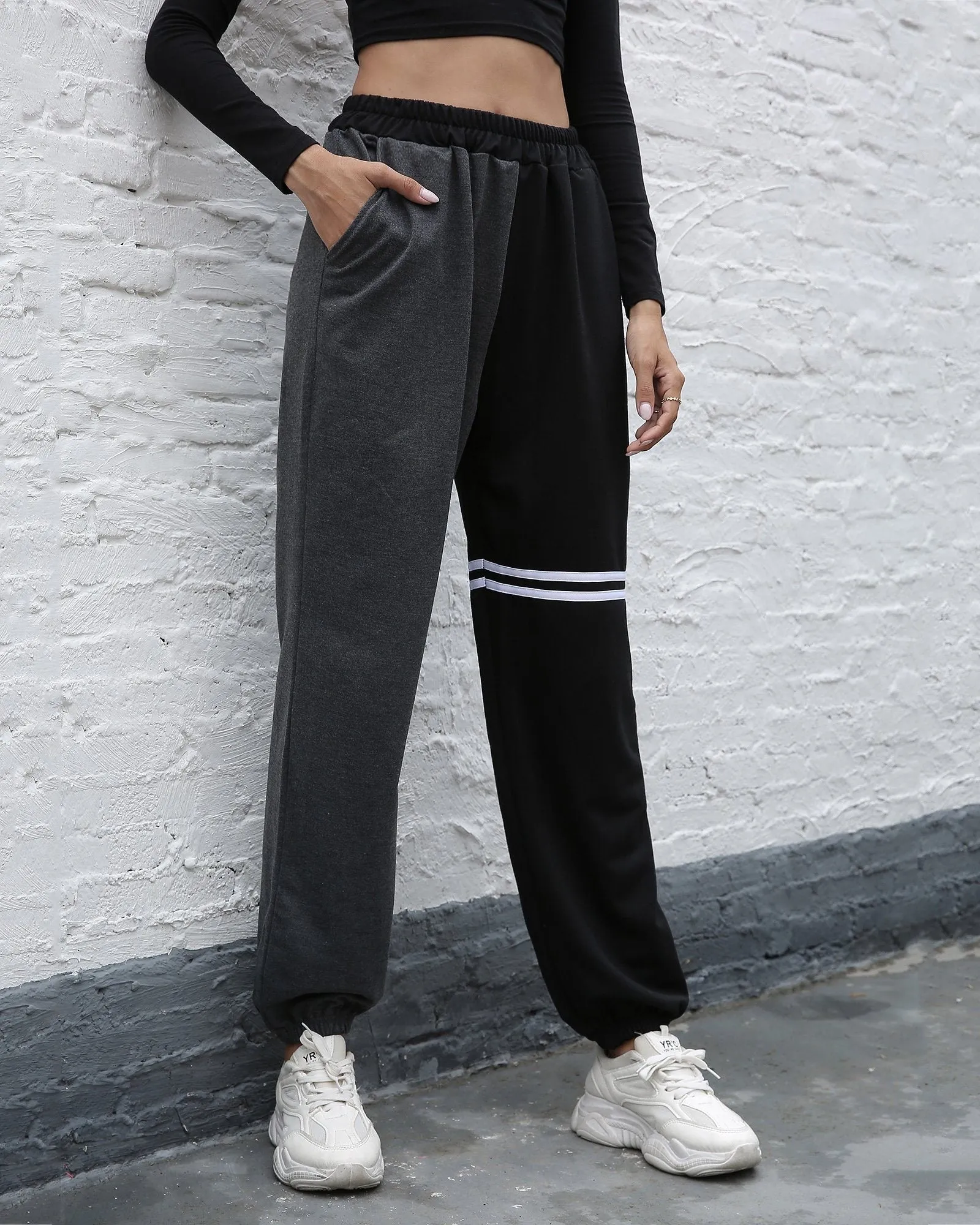 Dark Pocket Colorblock Drawstring Joggers - Black