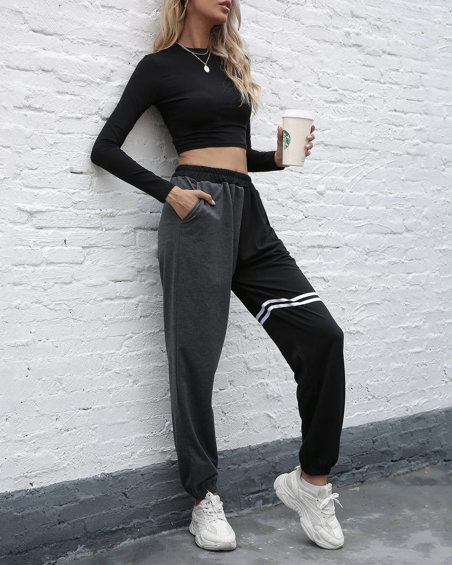Dark Pocket Colorblock Drawstring Joggers - Black