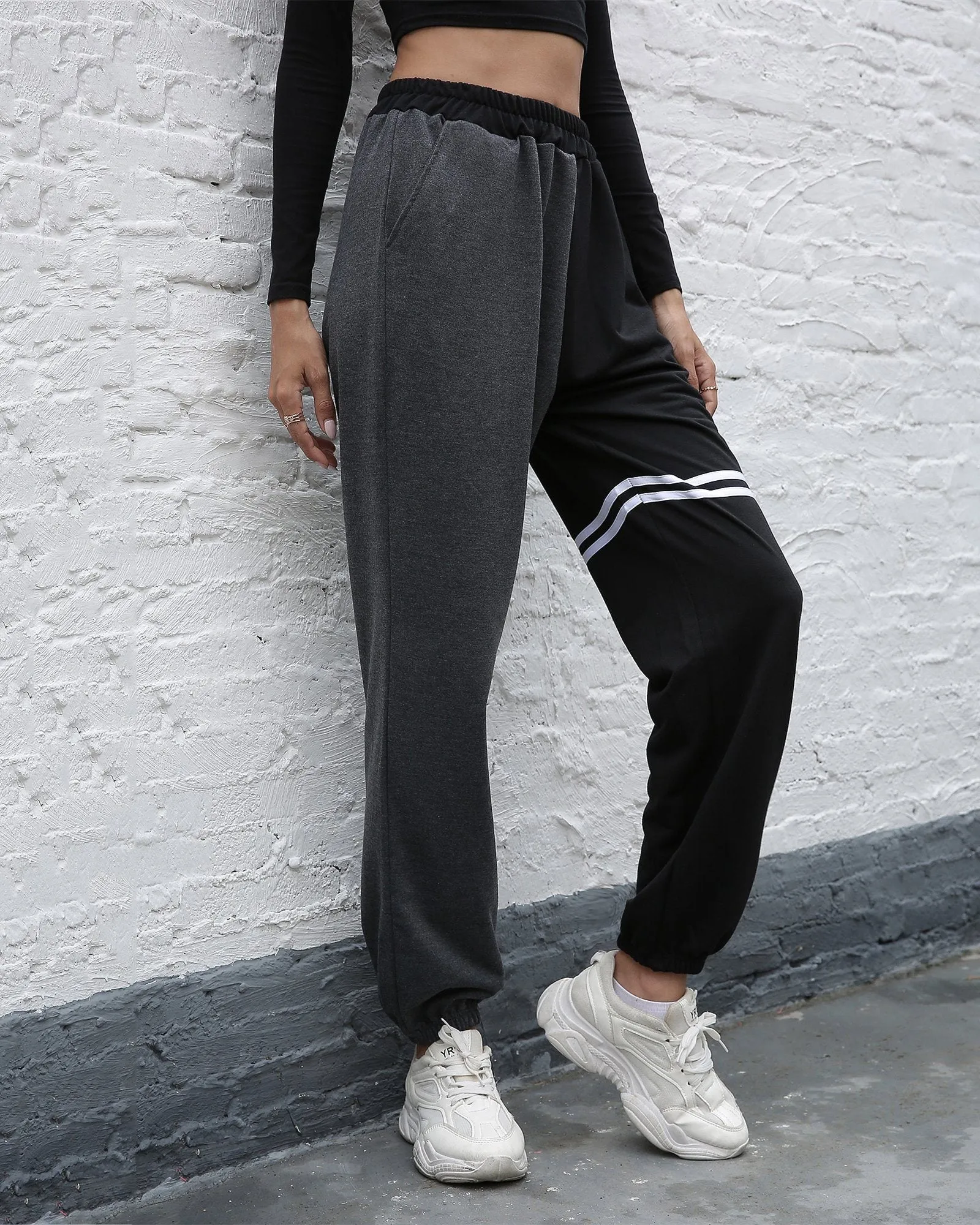 Dark Pocket Colorblock Drawstring Joggers - Black