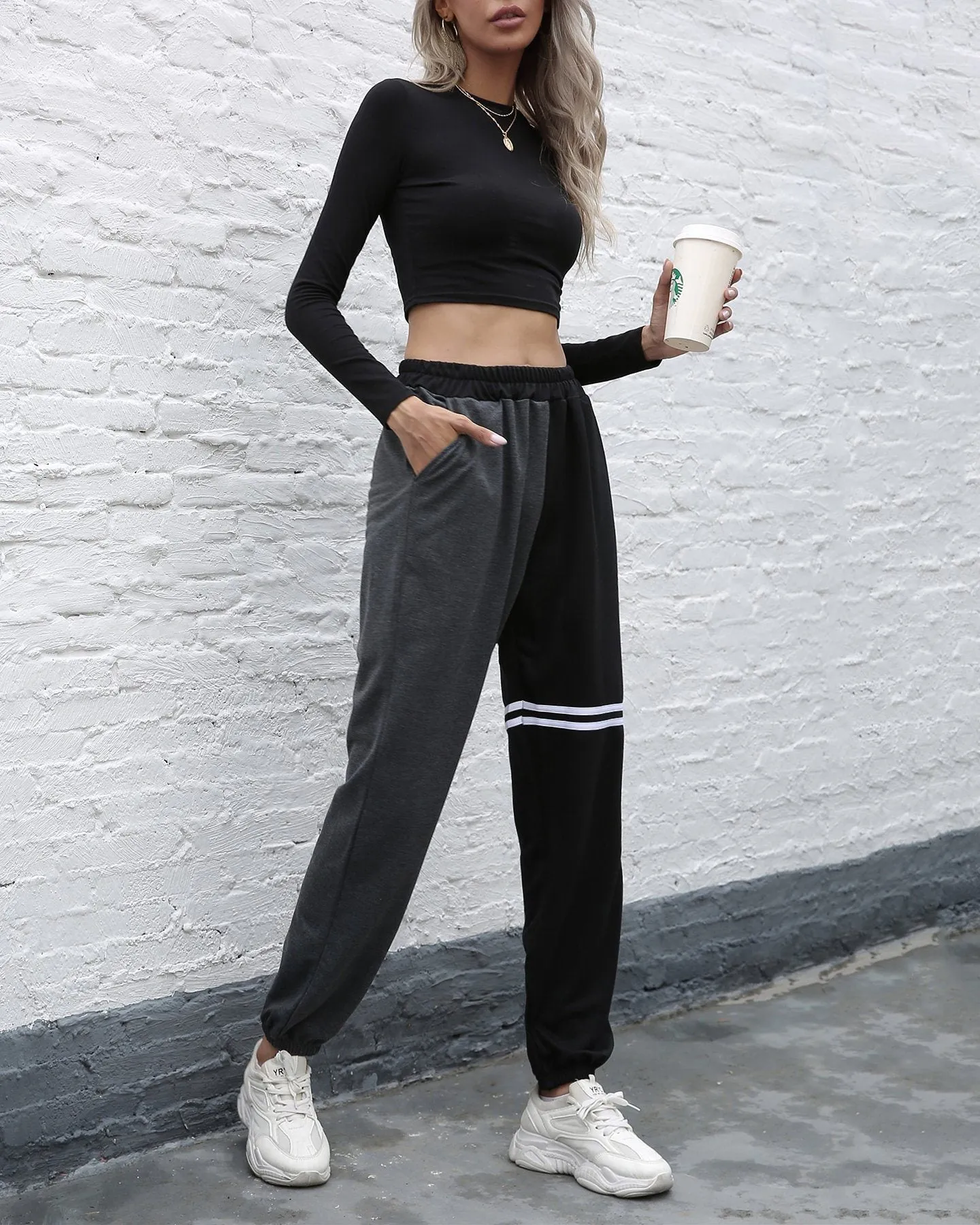 Dark Pocket Colorblock Drawstring Joggers - Black