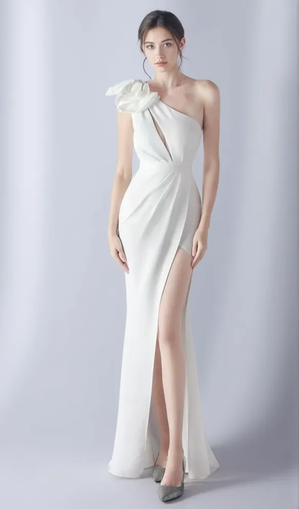 DEBBY WHITE ONE SHOULDER FLOWER CUT OUT SLIT MAXI DRESS