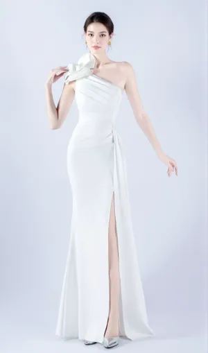 DEBBY WHITE ONE SHOULDER FLOWER CUT OUT SLIT MAXI DRESS