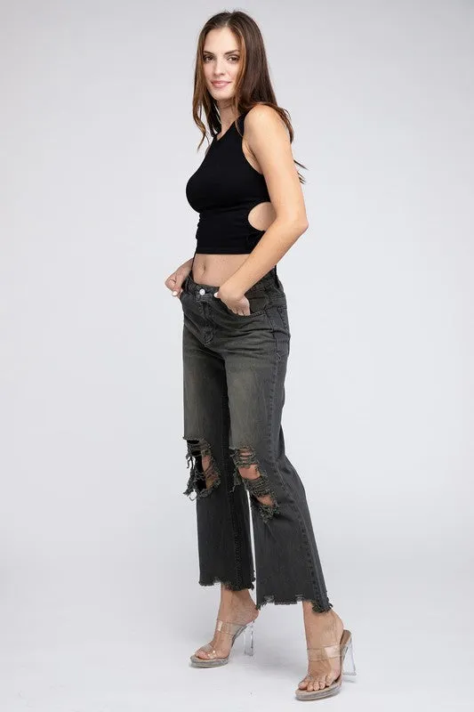 Distressed Vintage Washed Wide Leg Jeans