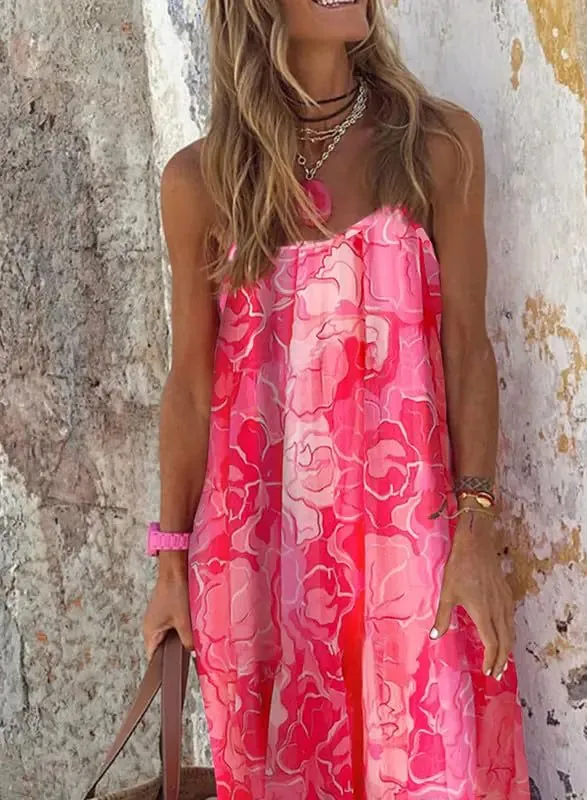 Dokotoo Boho Summer Maxi Dress 2024 - Spaghetti Strap, Scoop Neck, Smocked Ruffle Flowy in Small Rose