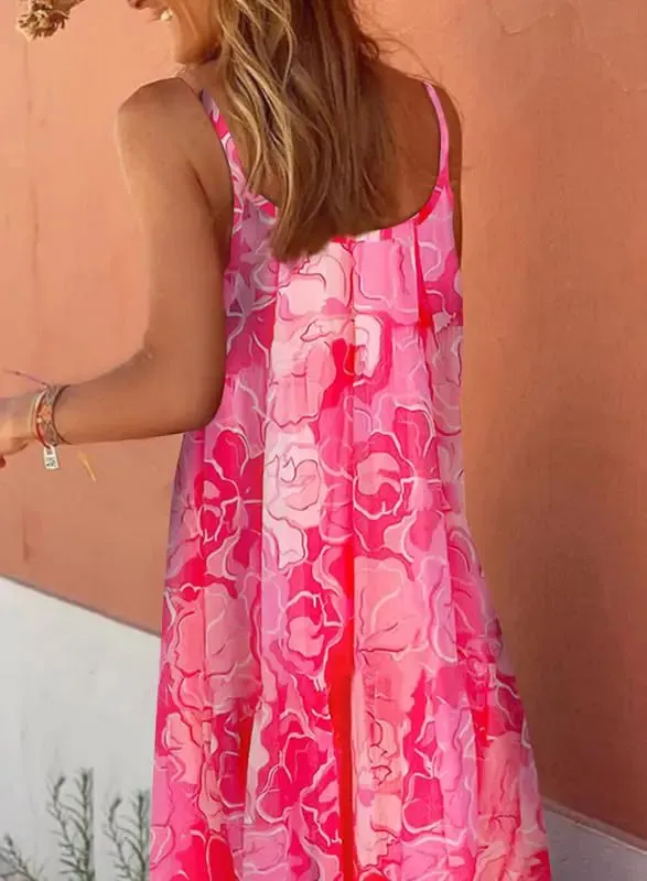 Dokotoo Boho Summer Maxi Dress 2024 - Spaghetti Strap, Scoop Neck, Smocked Ruffle Flowy in Small Rose