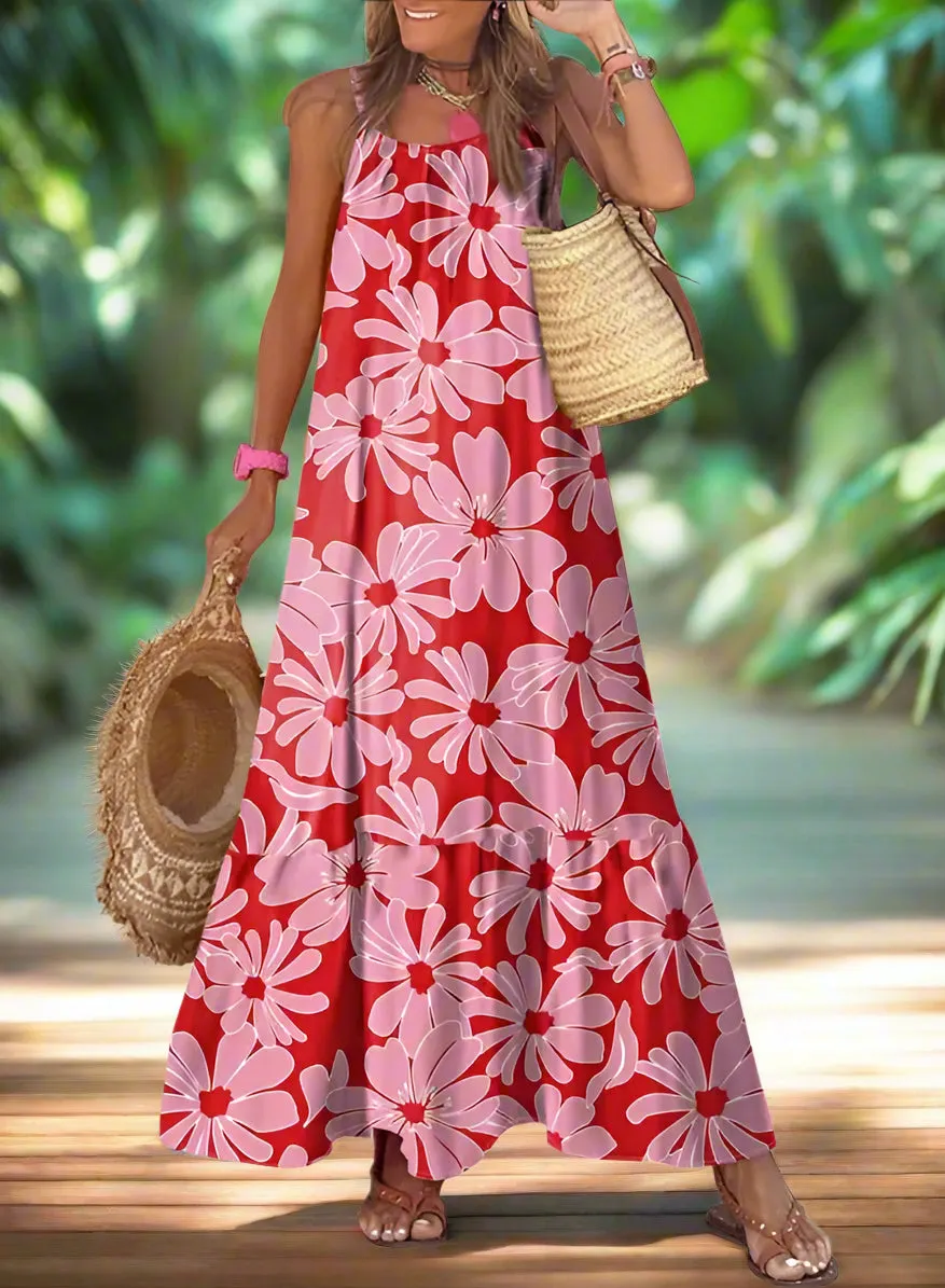 Dokotoo Boho Summer Maxi Dress 2024 - Spaghetti Strap, Scoop Neck, Smocked Ruffle Flowy in Small Rose