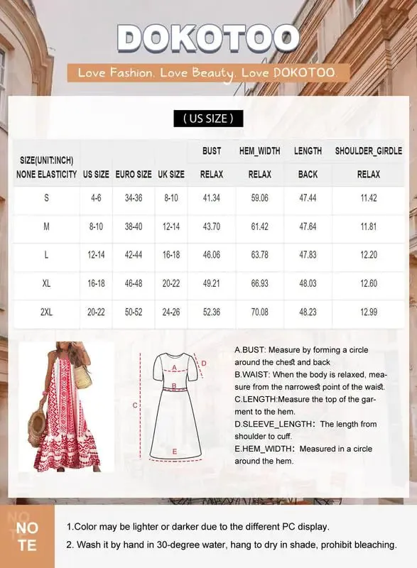 Dokotoo Boho Summer Maxi Dress 2024 - Spaghetti Strap, Scoop Neck, Smocked Ruffle Flowy in Small Rose