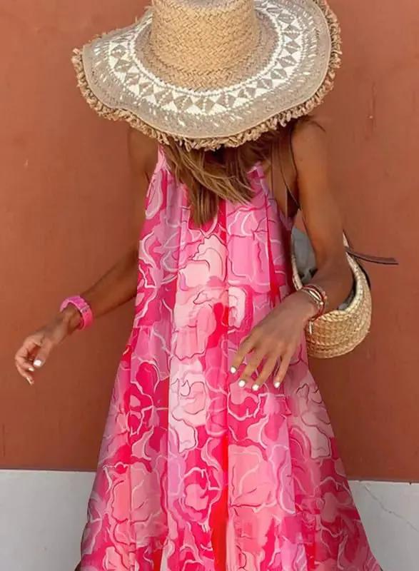 Dokotoo Boho Summer Maxi Dress 2024 - Spaghetti Strap, Scoop Neck, Smocked Ruffle Flowy in Small Rose