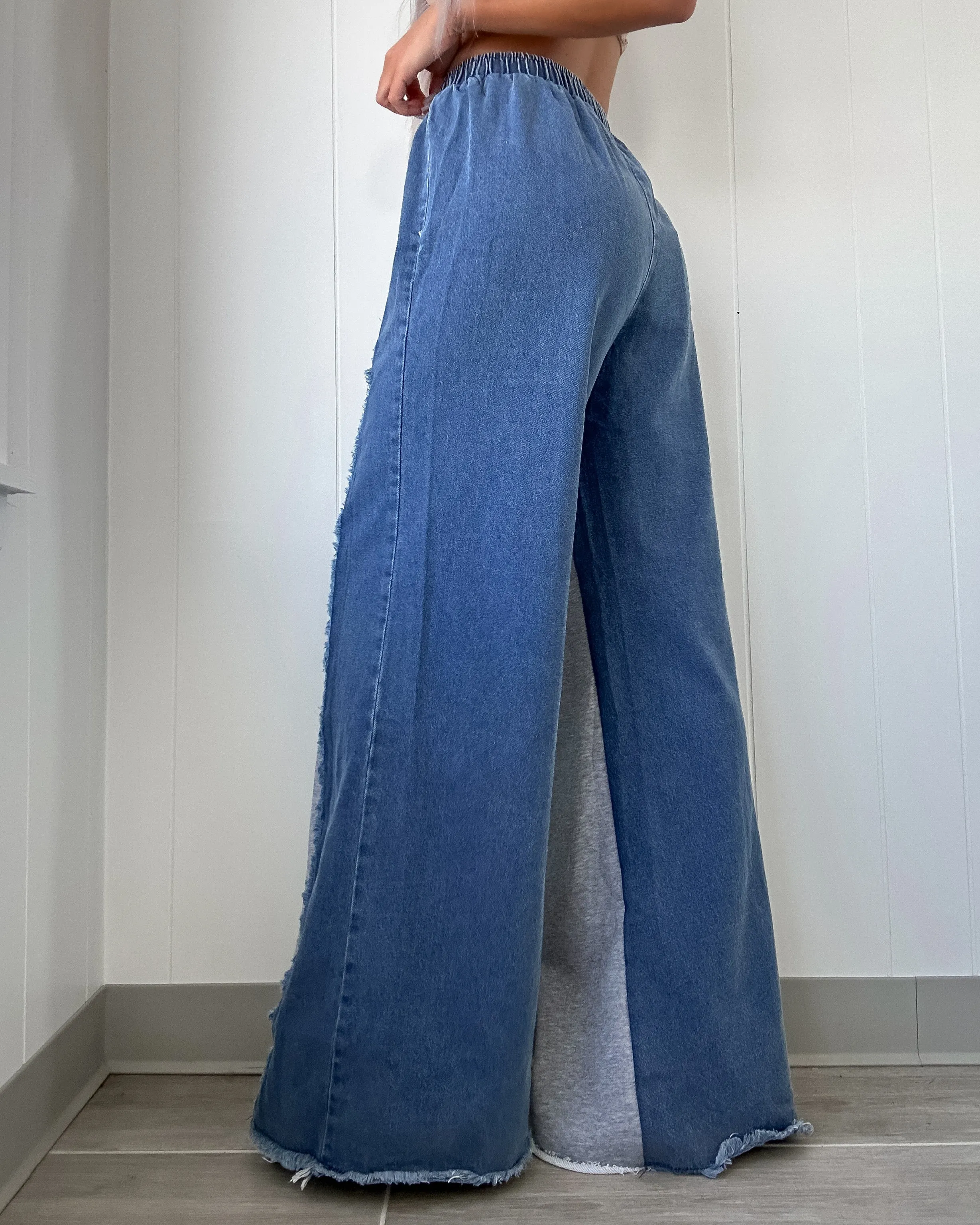 Double Trouble Colorblock Wide Leg Pants - Denim/Grey
