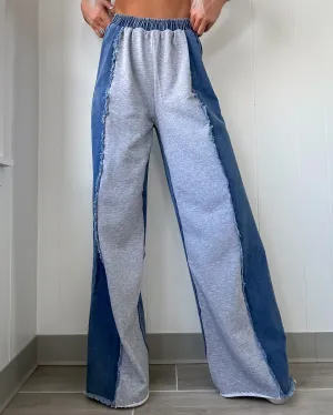 Double Trouble Colorblock Wide Leg Pants - Denim/Grey