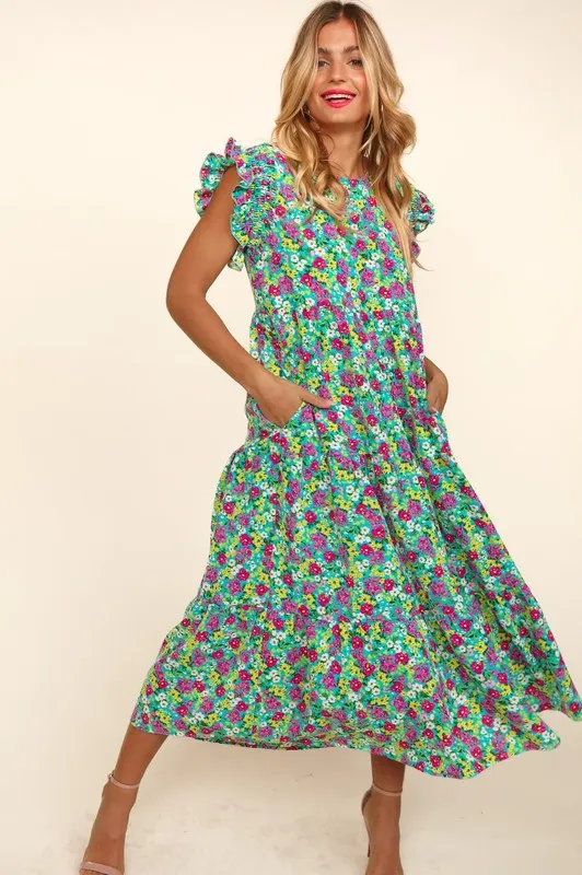 EASY LOVE RUFFLE MAXI DRESS WITH SIDE POCKETS