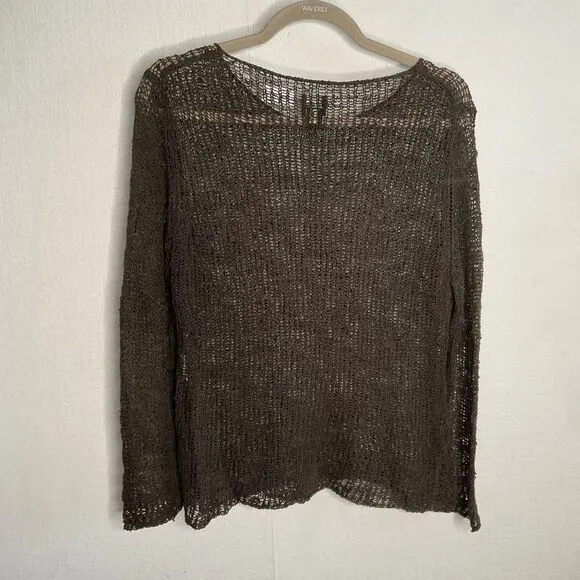 Eileen Fisher Top Womens Small Open / Loose Knit Crewneck Sweater Khaki Linen