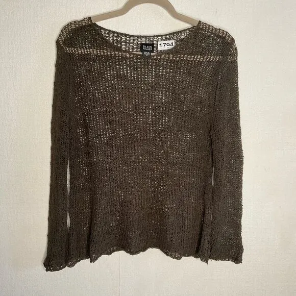 Eileen Fisher Top Womens Small Open / Loose Knit Crewneck Sweater Khaki Linen