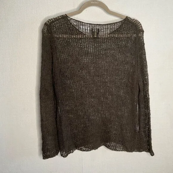 Eileen Fisher Top Womens Small Open / Loose Knit Crewneck Sweater Khaki Linen
