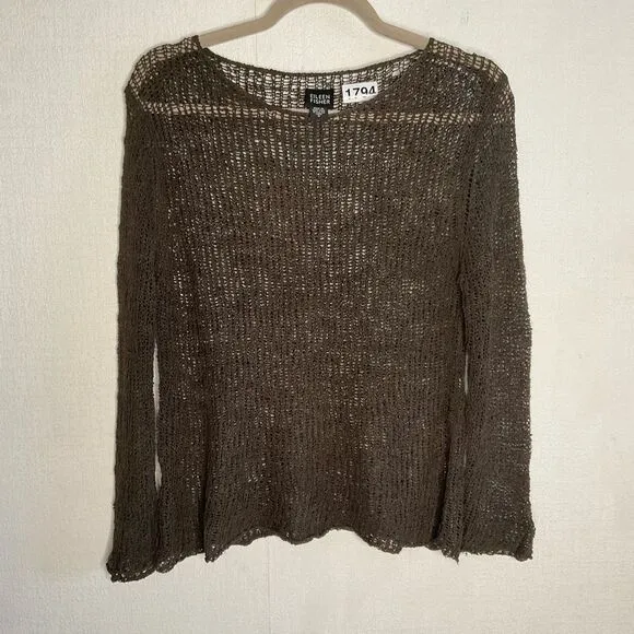 Eileen Fisher Top Womens Small Open / Loose Knit Crewneck Sweater Khaki Linen