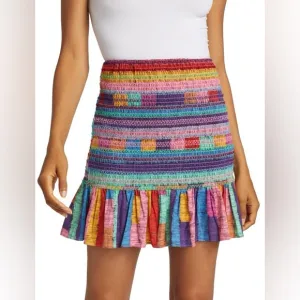 Farm Rio Embroidered Smocked Striped Mini Skirt Size XS Colorful Beach Resort
