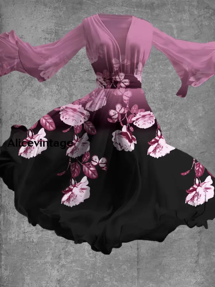 Floral Art Print Vintage V-Neck Long Sleeve Flowy Midi Dress