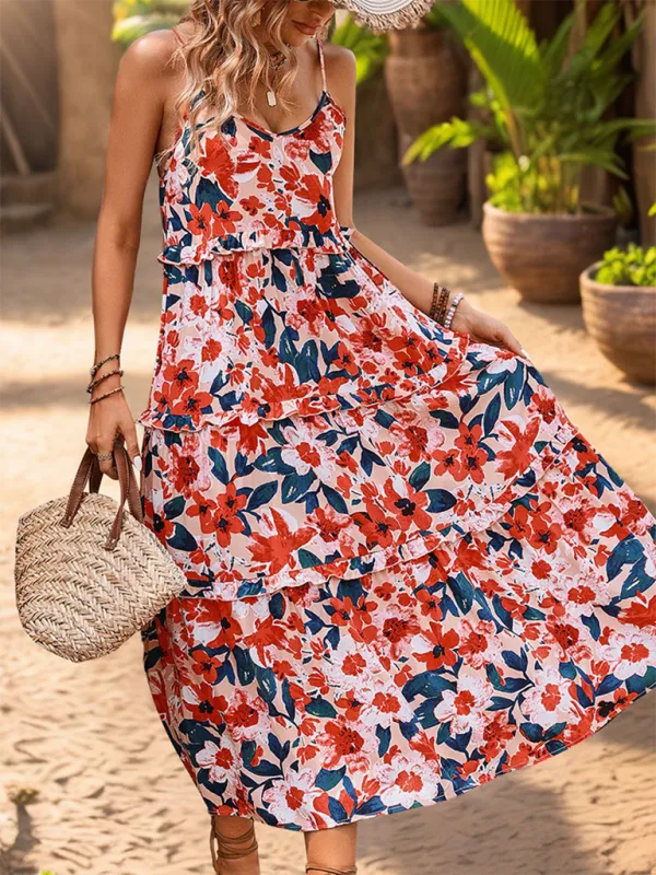 Floral Print Tiered Midi Dress with Spaghetti Straps