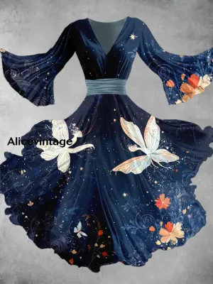 Flower Fairy Art Print V Neck Vintage Elegant Chic Flowy Midi Dress
