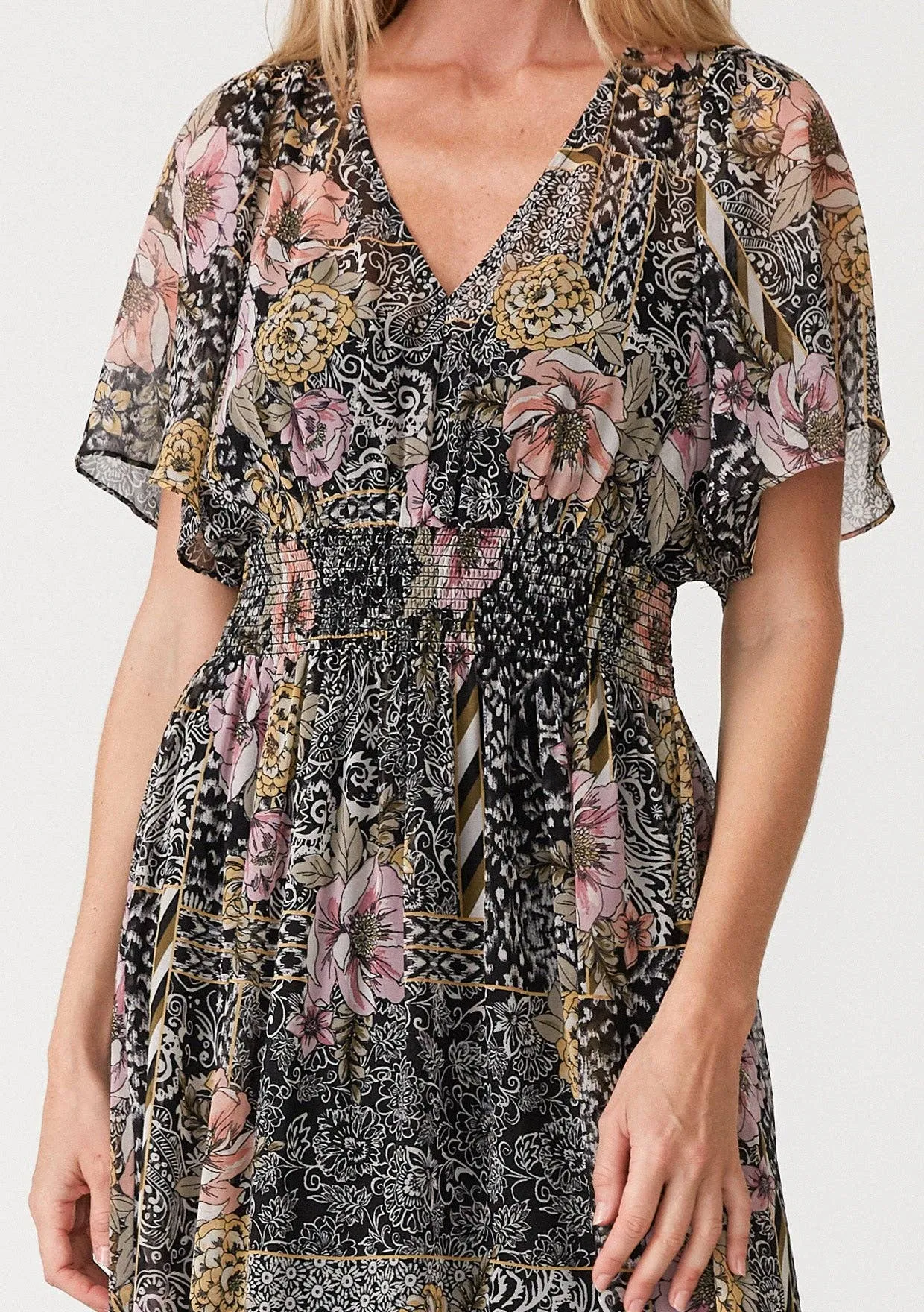 Flowy Asymmetrical V Neck Smocked Maxi Dress