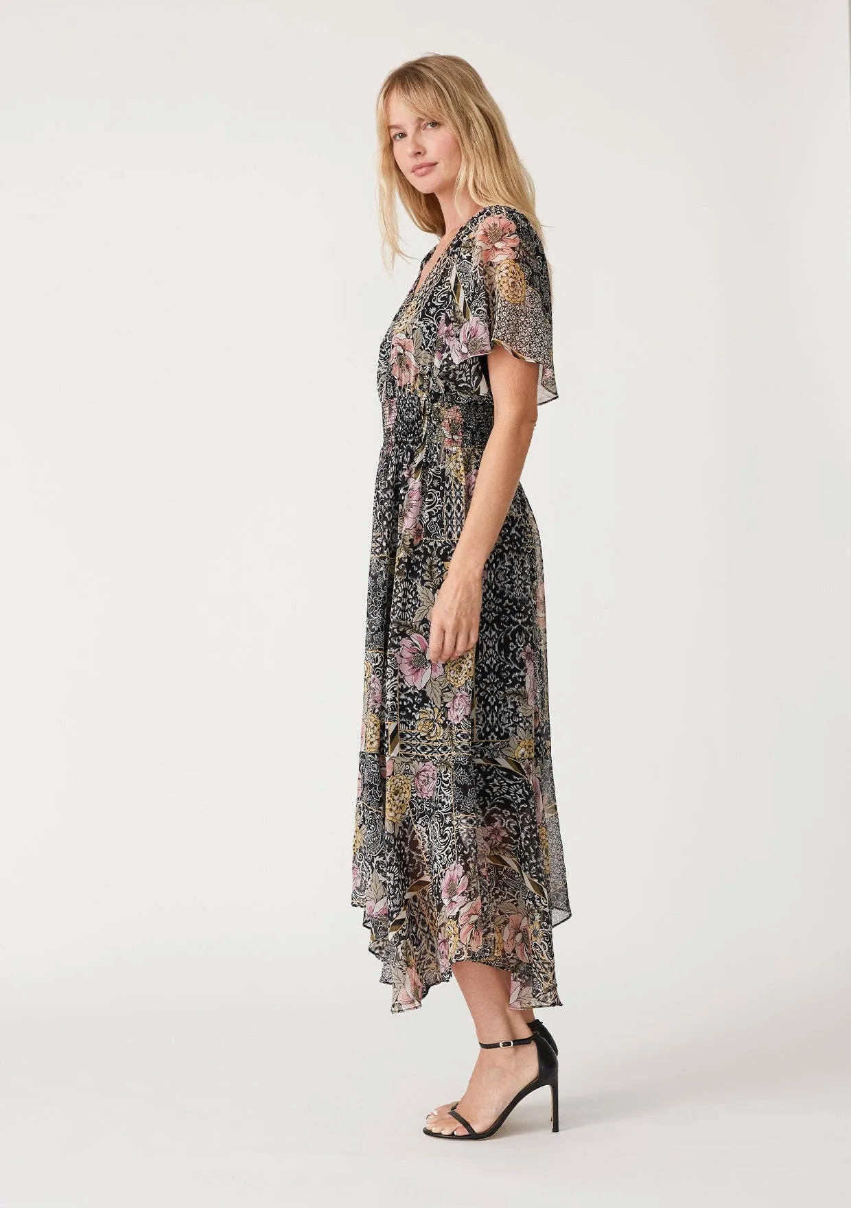 Flowy Asymmetrical V Neck Smocked Maxi Dress