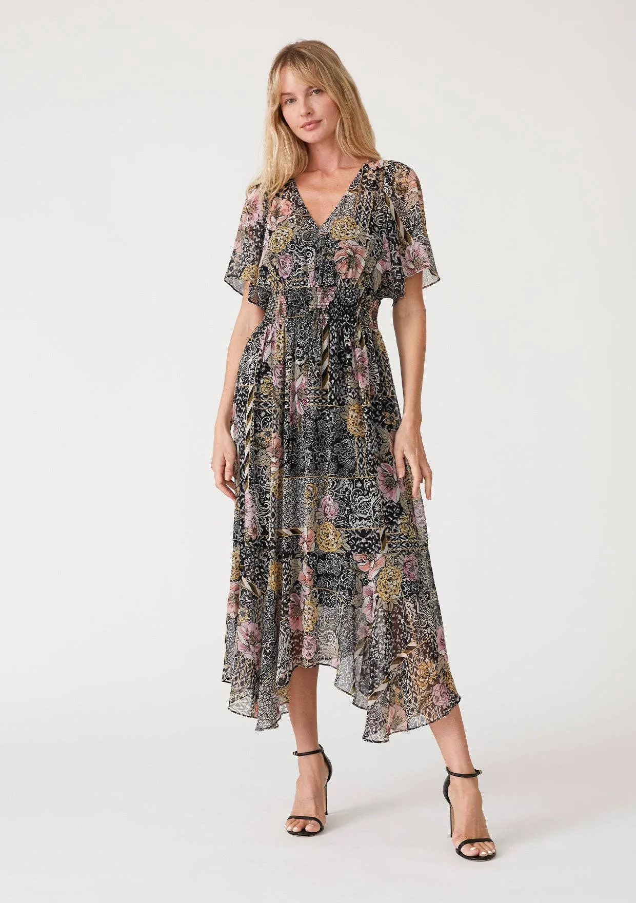 Flowy Asymmetrical V Neck Smocked Maxi Dress