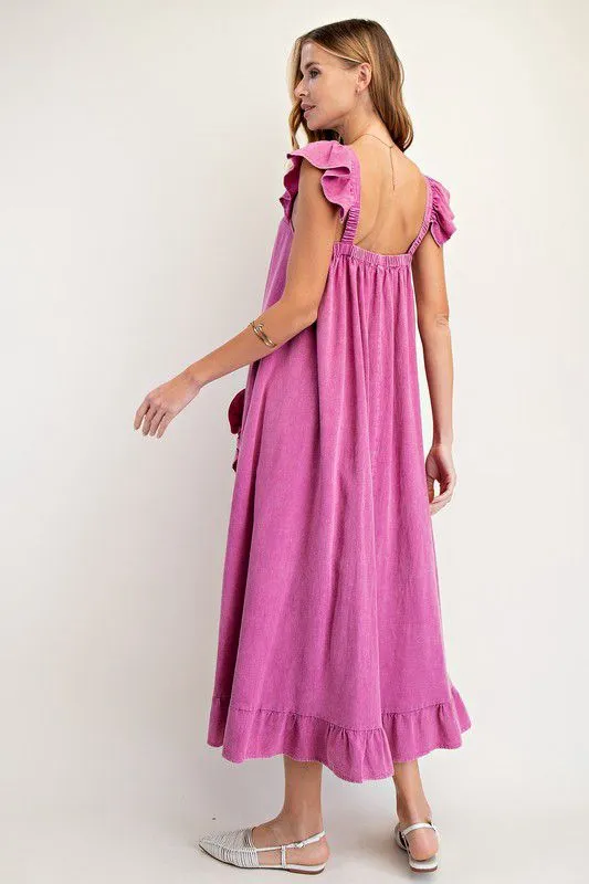 Flowy ruffle magenta maxi dress with flower details (Preorder)