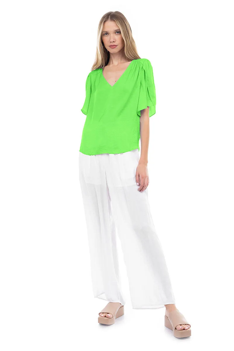 Flutter Sleeve V-Neck Satin Blouse