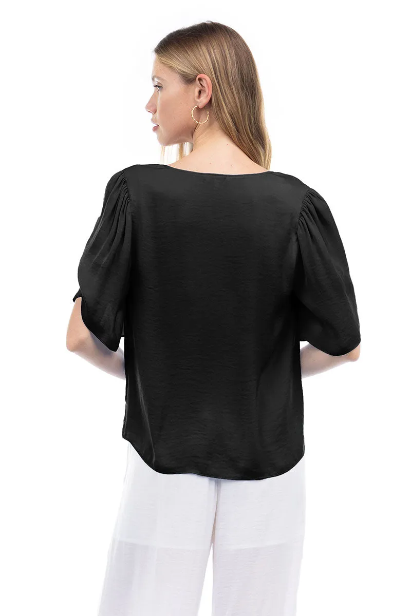 Flutter Sleeve V-Neck Satin Blouse