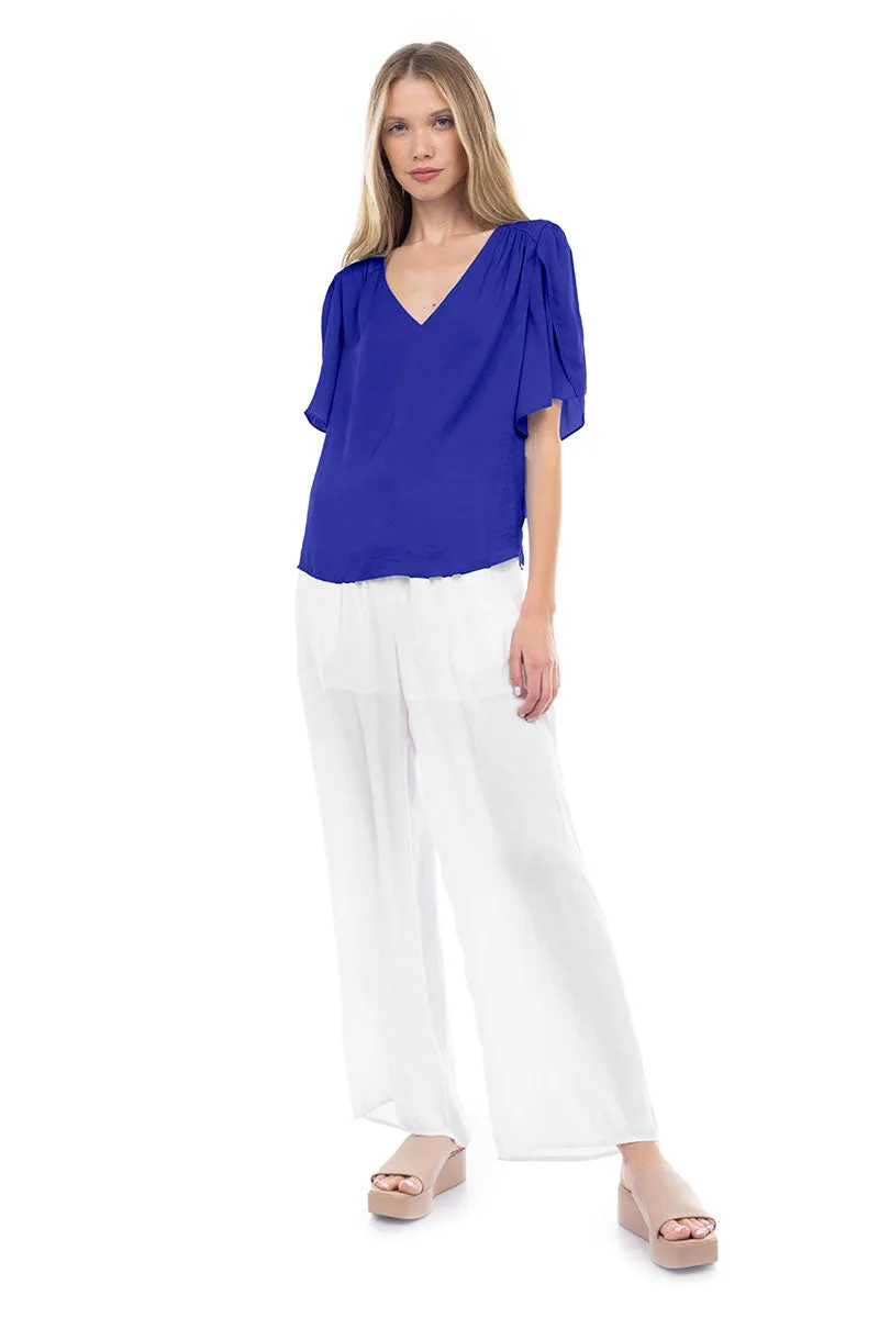 Flutter Sleeve V-Neck Satin Blouse