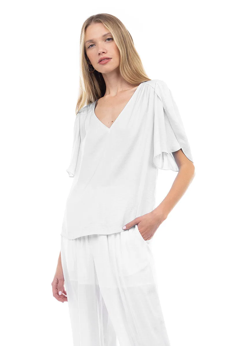 Flutter Sleeve V-Neck Satin Blouse